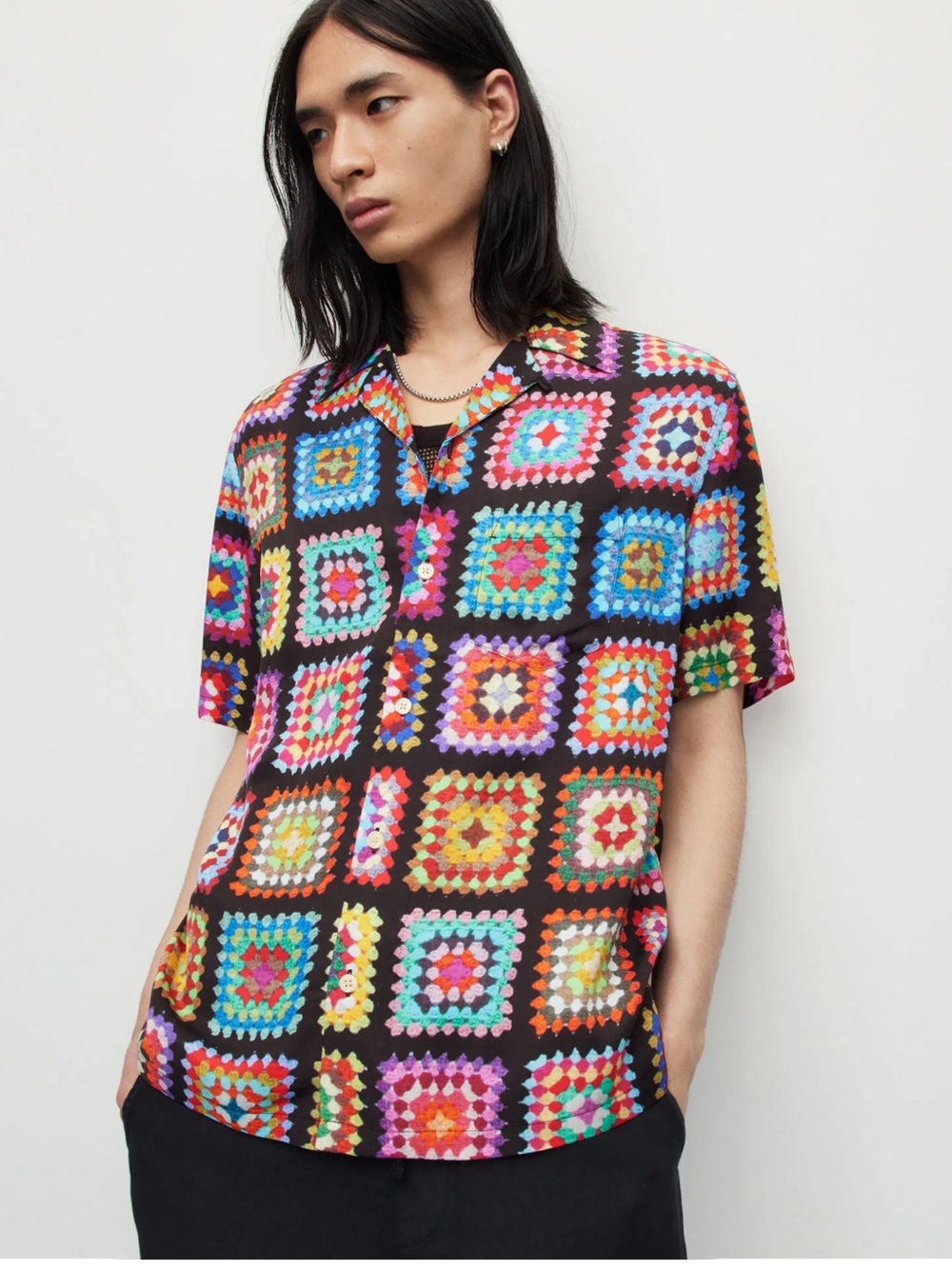 All Saints Multicolor Crochet Square Button-Down Shirt